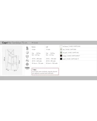 Capri Bar Sandalye 75 cm.
