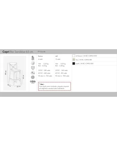 Capri Bar Sandalye 65 cm.