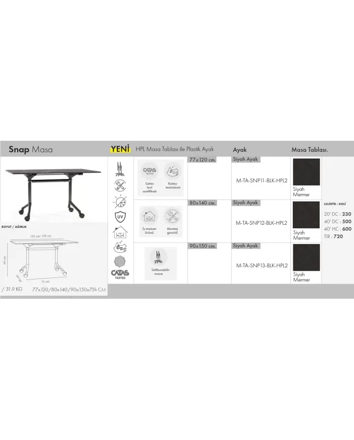 Snap Masa 80x140 (6 kişilik) 6 KİŞİLİK