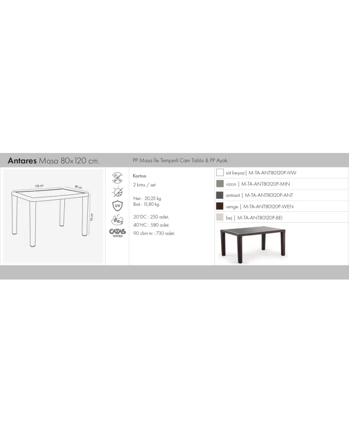 Antares Masa 80x120 cm Camlı
