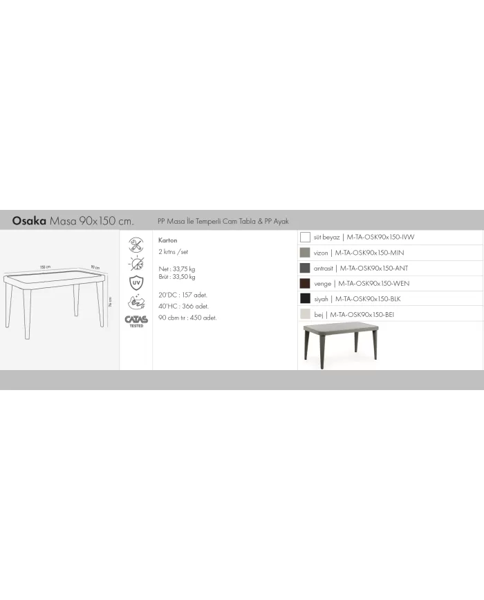 Osaka-X Masa 90x150 | Camlı